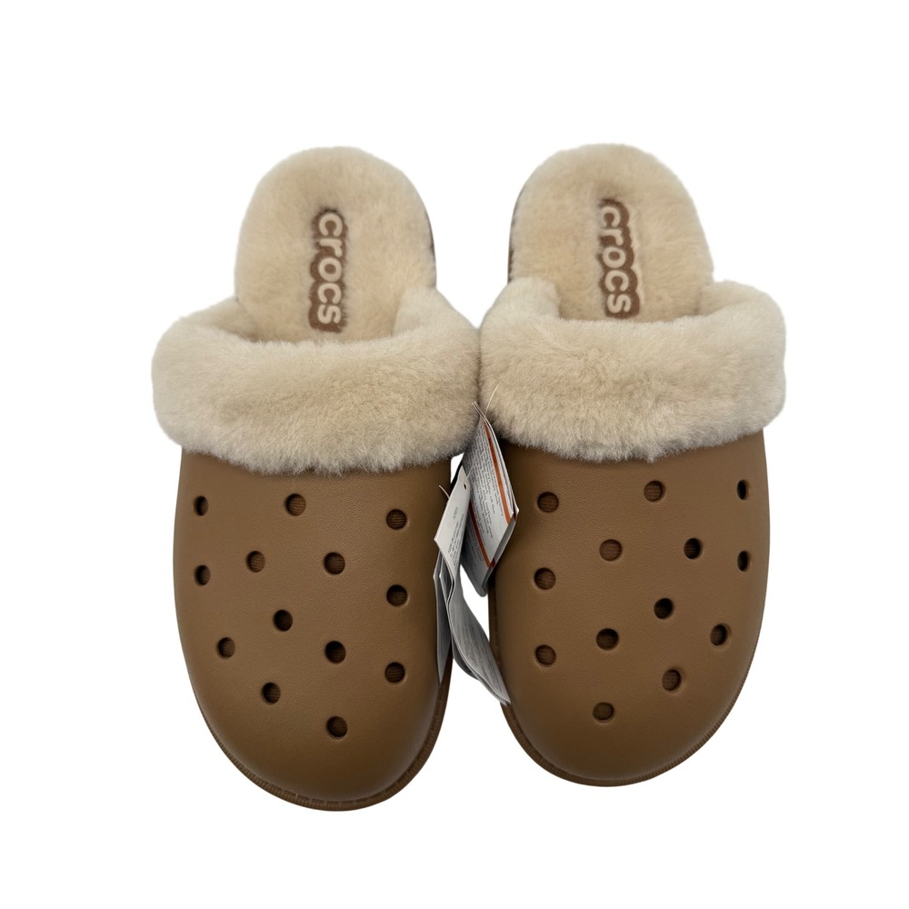 Crocs Classic Fuzz Scuff Unisex M9 W11 Brown NEW Faux Fur Lined Slip On Slippers